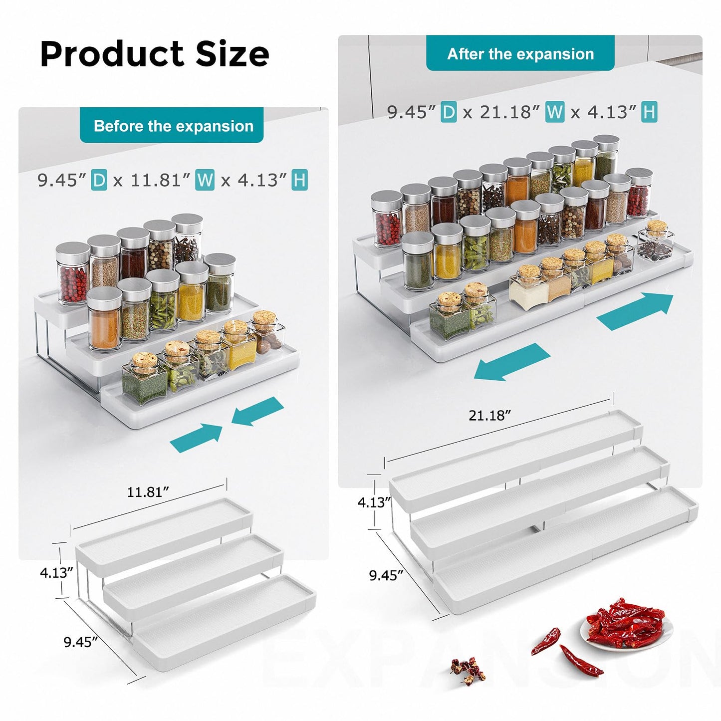Oylik Spice Rack Organizer for Cabinet - 3 Tier Expandable Adjustable Cabinet Spice Organizer