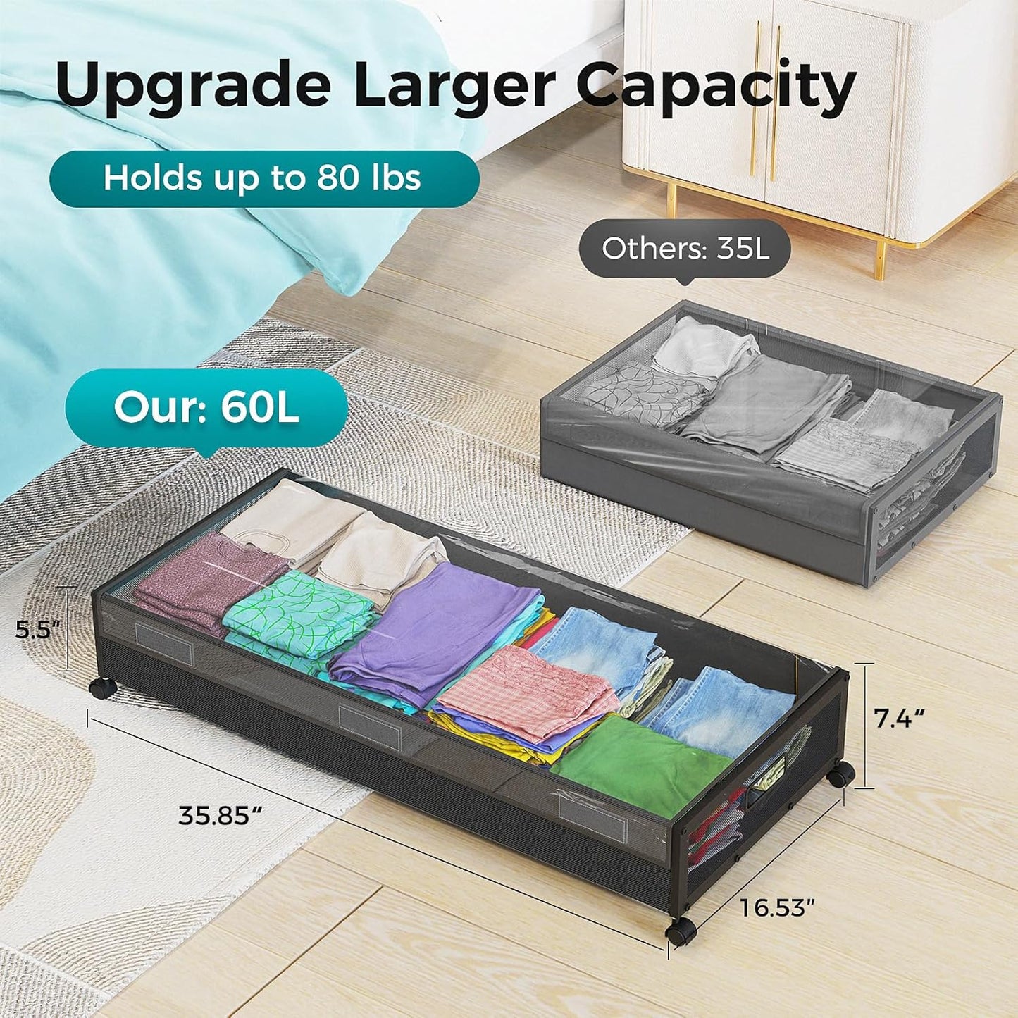 Oylik Large Under Bed Storage with Wheels, Metal Under Bed Storage Containers with Clear Lid