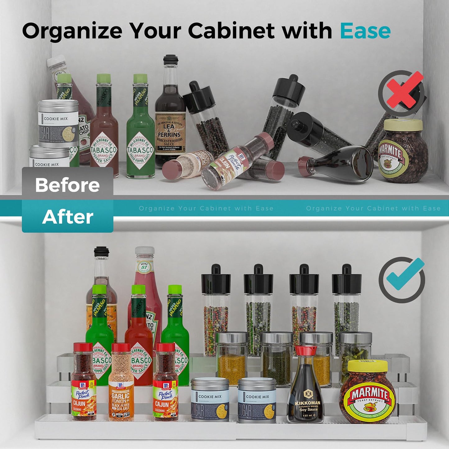 Oylik Spice Rack Organizer for Cabinet - 3 Tier Expandable Adjustable Cabinet Spice Organizer