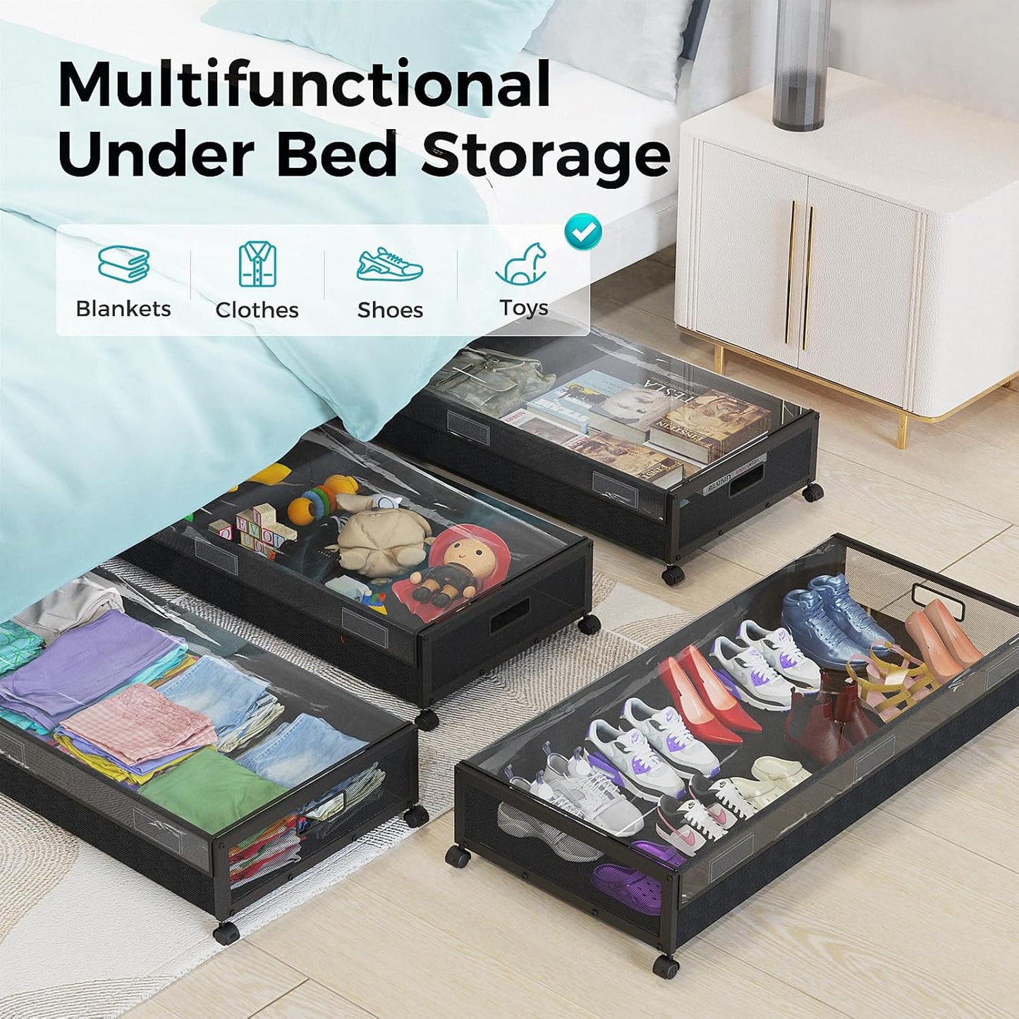 Oylik Large Under Bed Storage with Wheels, Metal Under Bed Storage Containers with Clear Lid