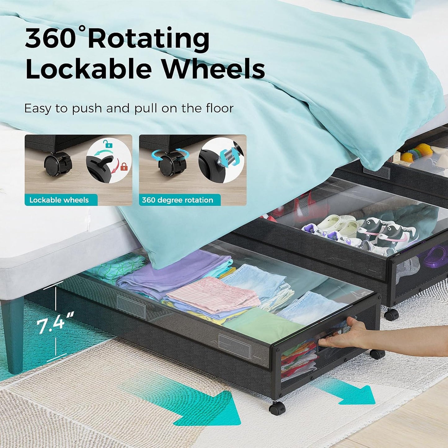 Oylik Large Under Bed Storage with Wheels, Metal Under Bed Storage Containers with Clear Lid