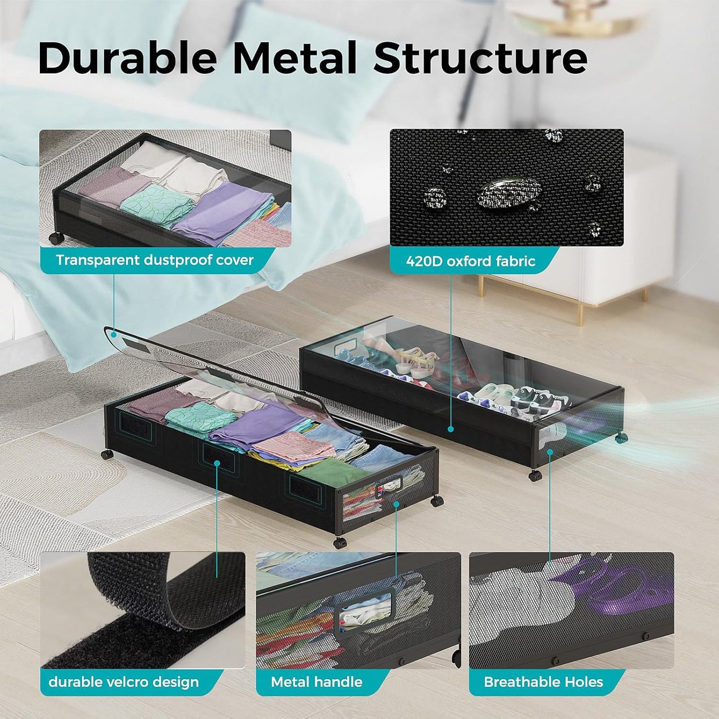 Oylik Large Under Bed Storage with Wheels, Metal Under Bed Storage Containers with Clear Lid