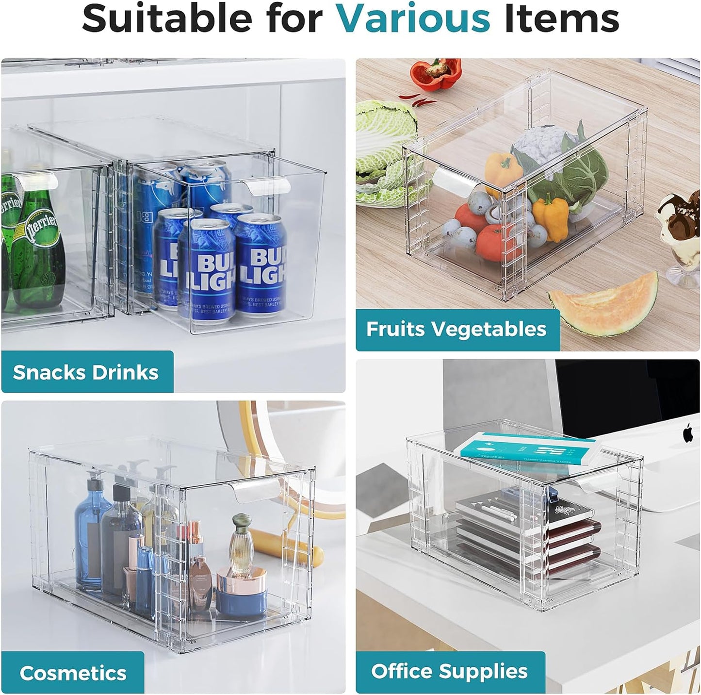 Oylik 4 Pack Stackable Storage Drawers ,Large Acrylic Drawer Organizers with Up Handles