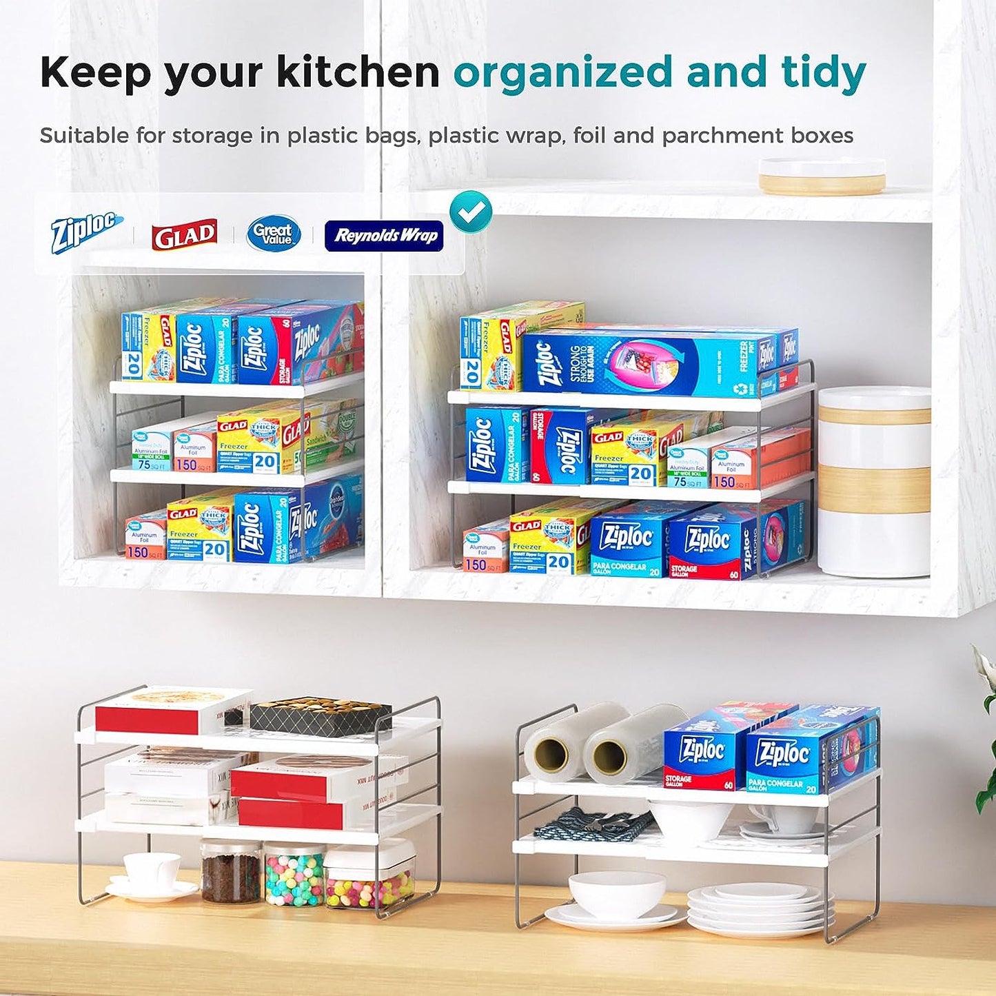 Oylik Expanadable Foil and Plastic Wrap Organizer,3 Tier Stackable,Height Adjustable