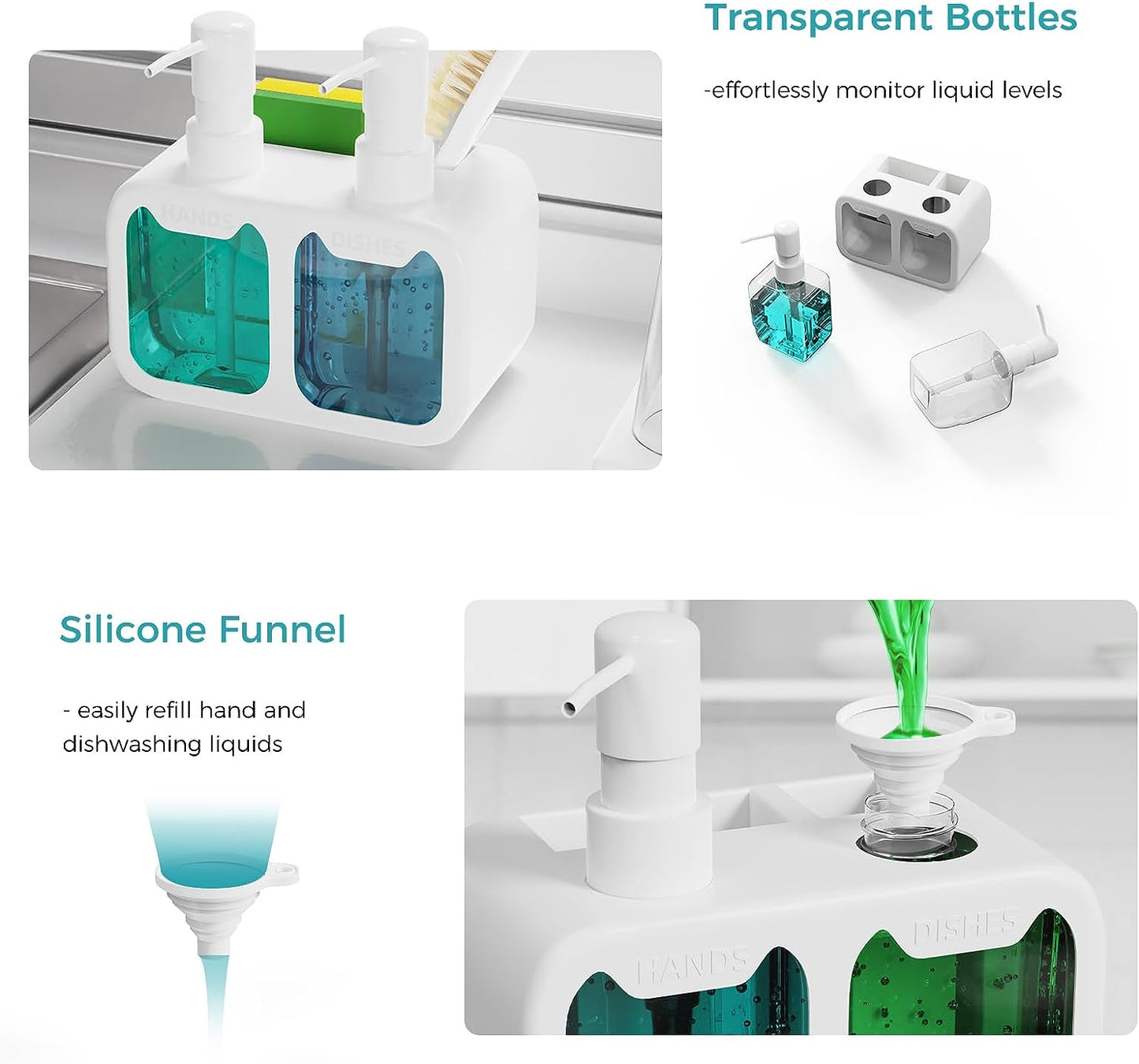 Oylik Dish Soap Dispenser for Kitchen Sink with Brush Holder and Silicone Funnel