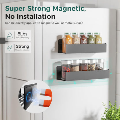 Oylik 2-Pack Magnetic Spice Rack for Refrigerator with 2 Removable Hooks, Heavy Duty Strong Magnetic Shelf for Fridge