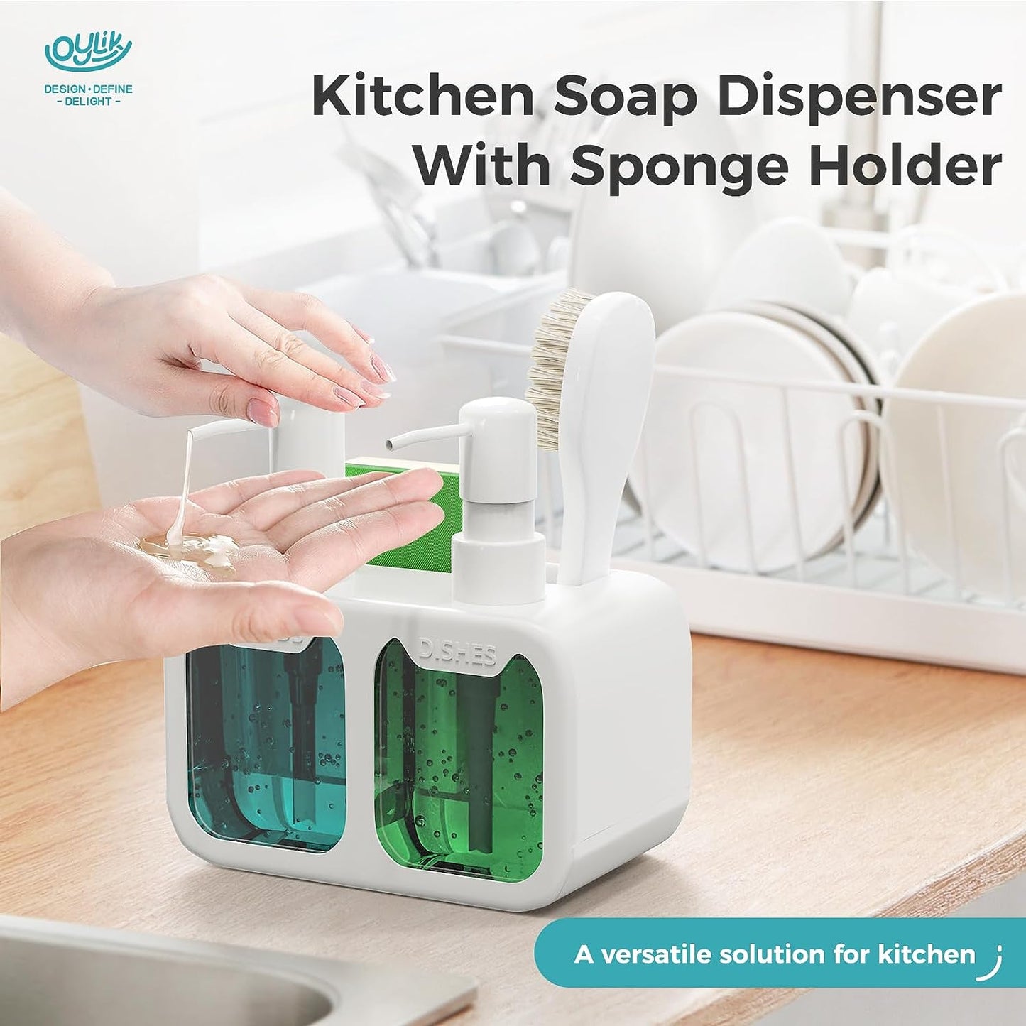 Oylik Dish Soap Dispenser for Kitchen Sink with Brush Holder and Silicone Funnel