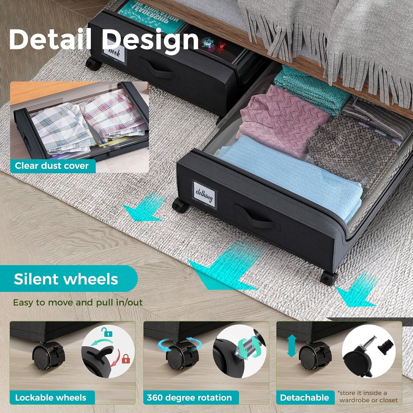 Oylik Under Bed Storage with Wheels, 37L Large Capacity Under Bed Storage Containers with Handle